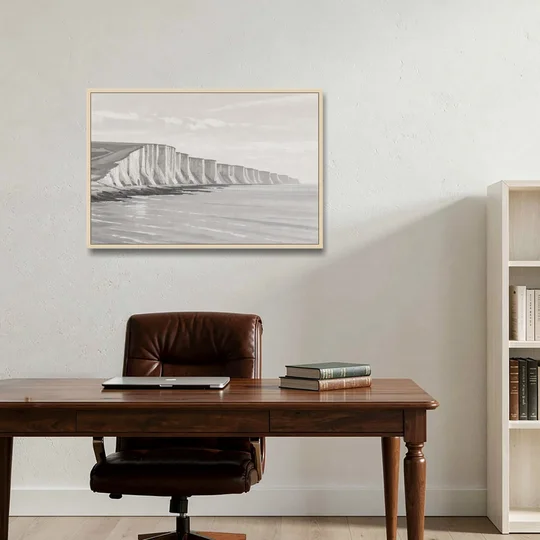 Office Art Prints Chalk Cliffs Above a Calm Sea - Oak Framed Canvas Wall Art - Office - 36x24