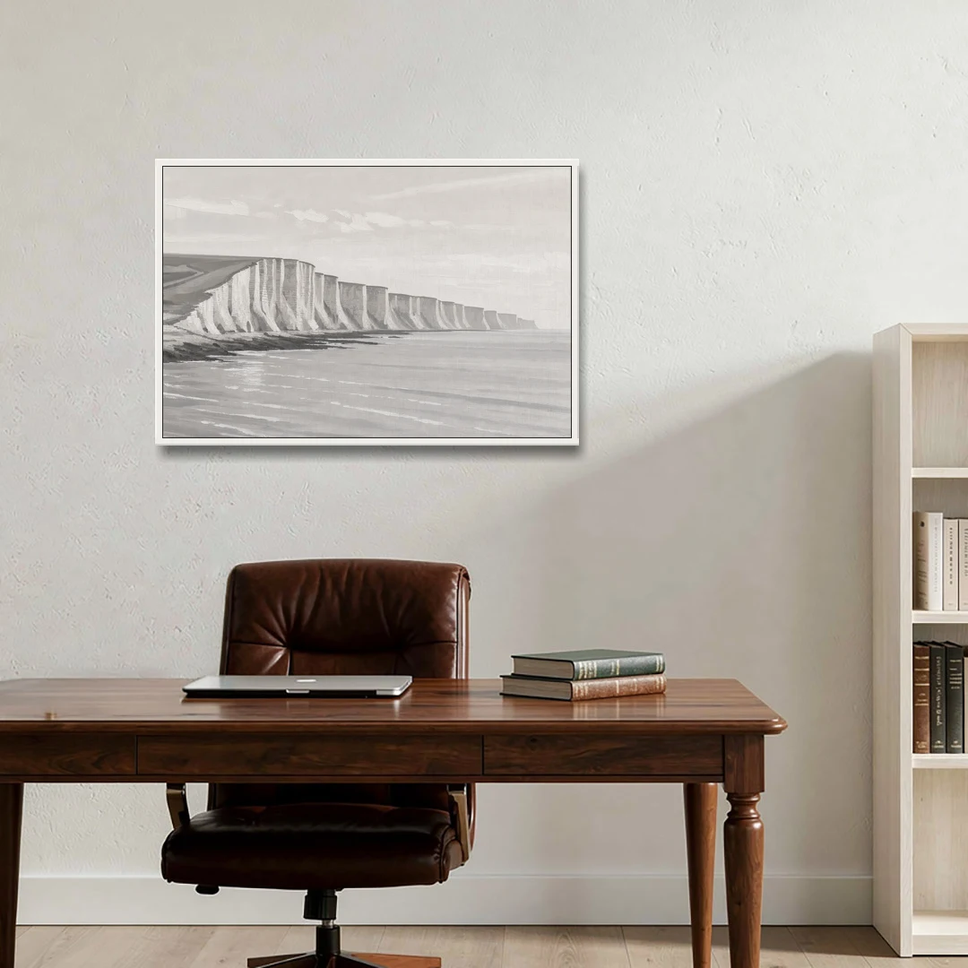 Office Art Prints Chalk Cliffs Above a Calm Sea - White Framed Canvas Wall Art - Office - 36x24