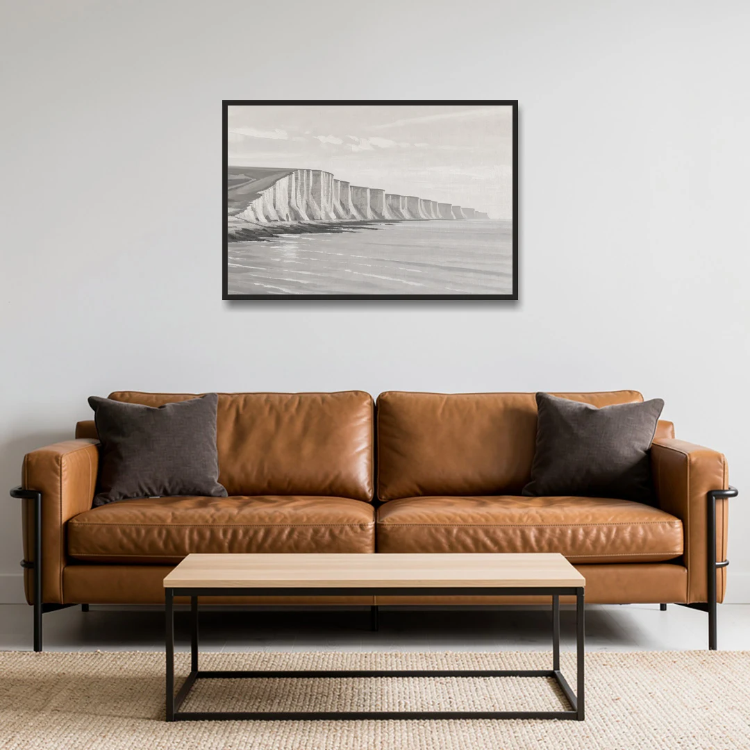 Office Art Prints Chalk Cliffs Above a Calm Sea - Black Framed Canvas Wall Art - Sofa - 36x24