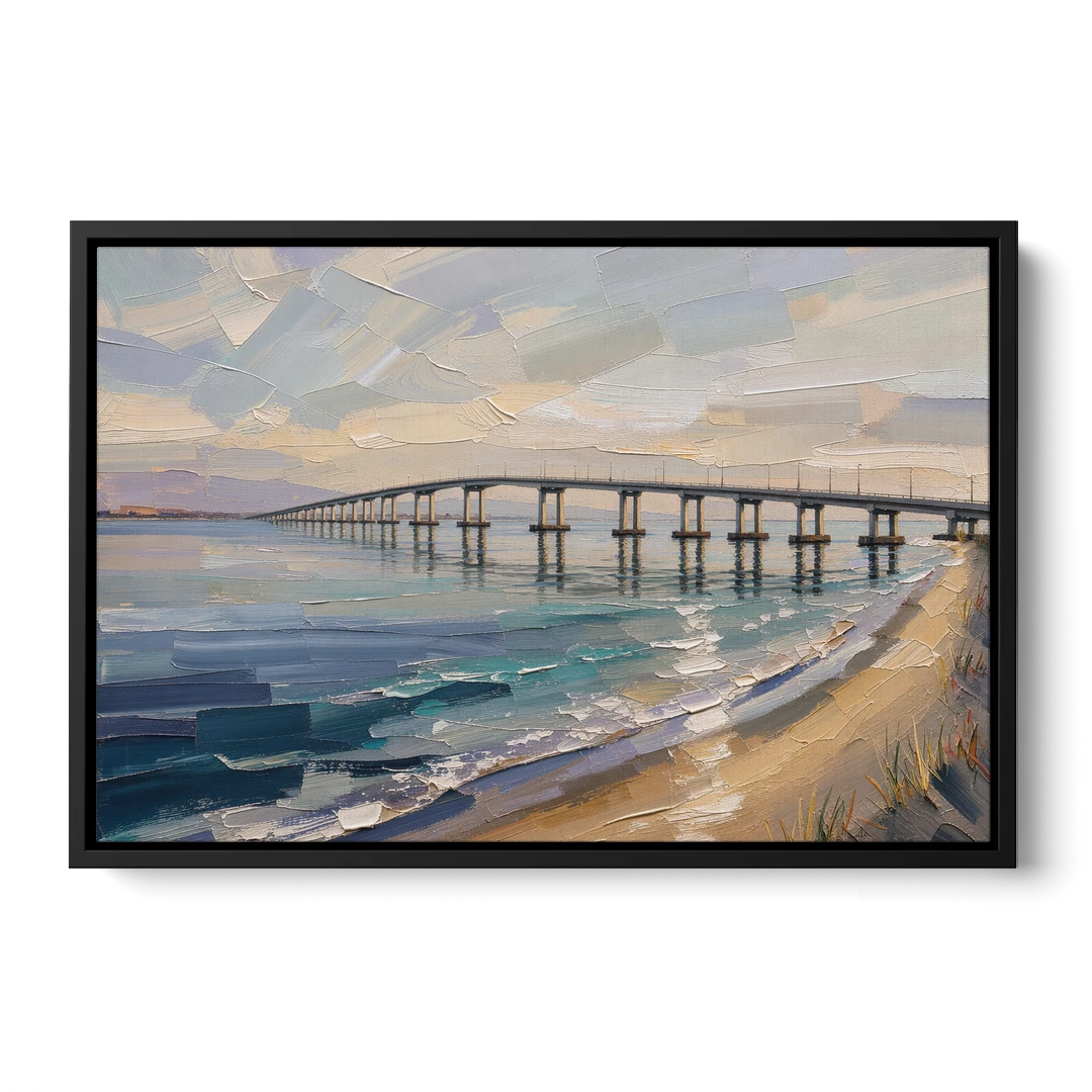 Office Canvas Wall Art of a Long Bay Bridge - Black Framed Canvas Wall Art - Front