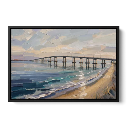 Office Canvas Wall Art of a Long Bay Bridge - Black Framed Canvas Wall Art - Front