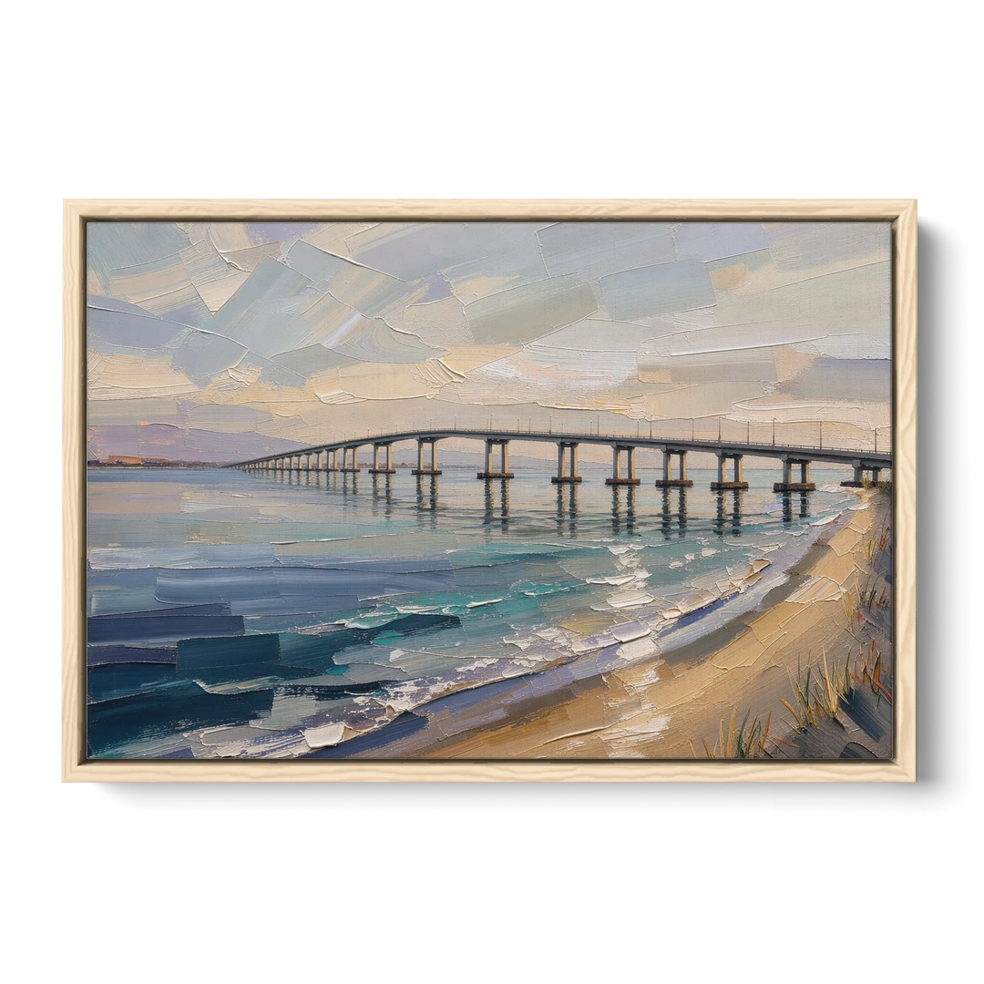 Office Canvas Wall Art of a Long Bay Bridge - Oak Framed Canvas Wall Art - Front