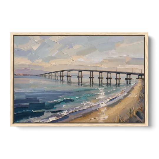 Office Canvas Wall Art of a Long Bay Bridge - Oak Framed Canvas Wall Art - Front