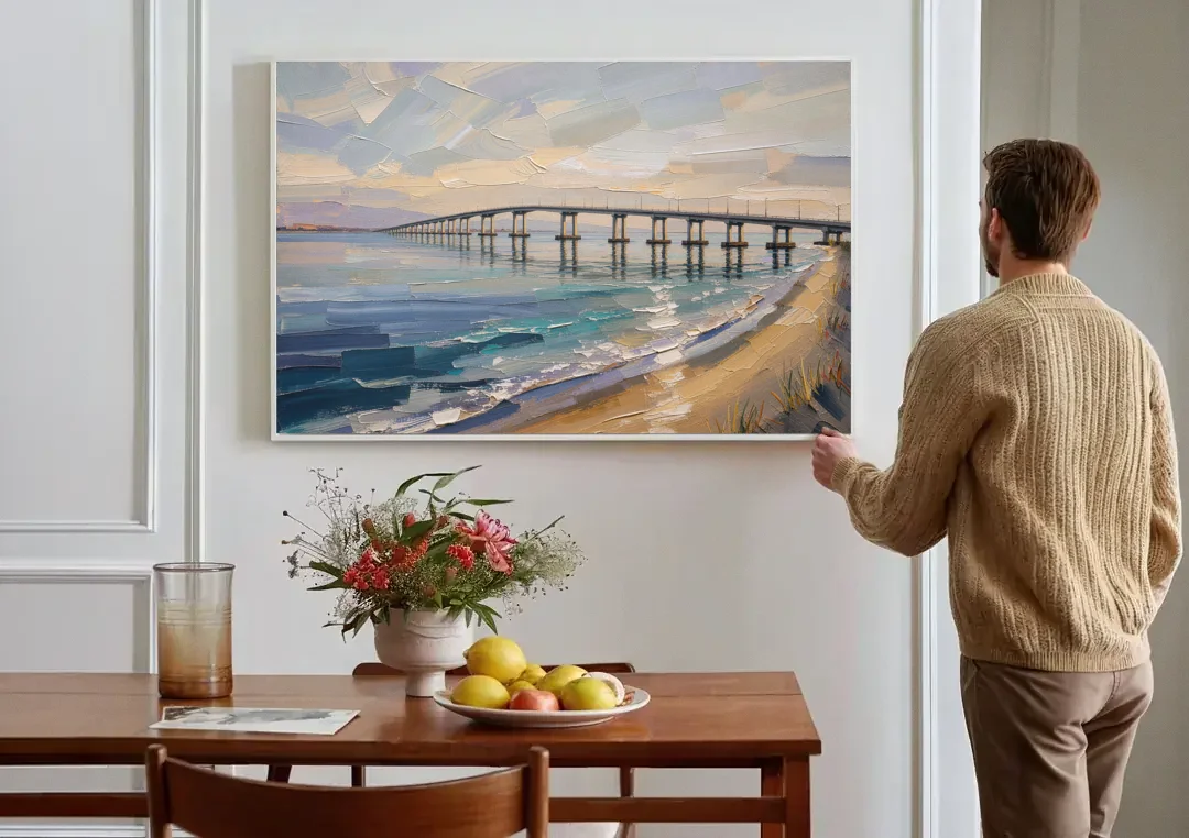 Office Canvas Wall Art of a Long Bay Bridge canvas wall art above a dining table