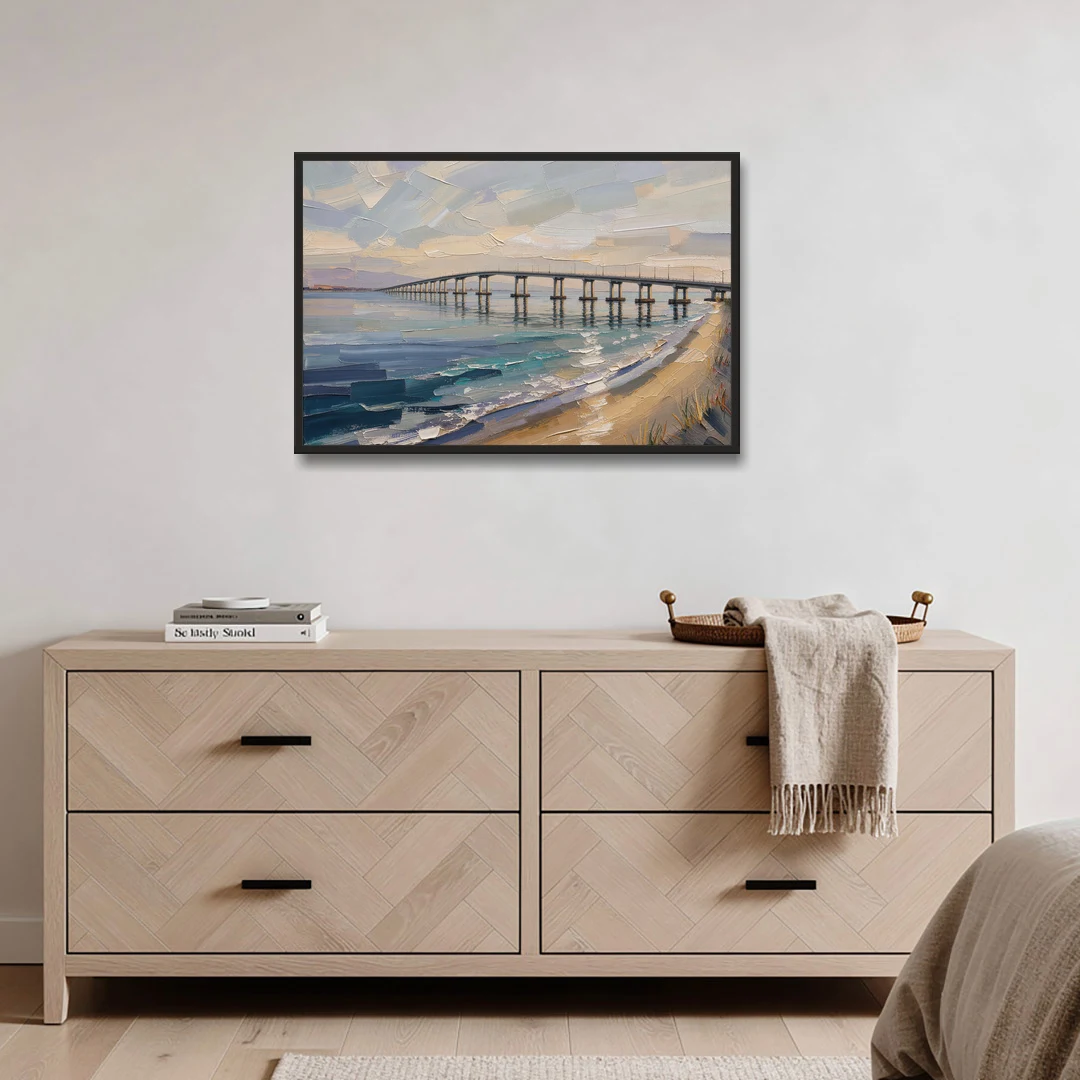 Office Canvas Wall Art of a Long Bay Bridge - Black Framed Canvas Wall Art - Coffee Table - 36x24