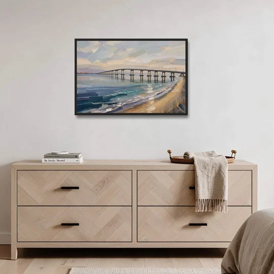 Office Canvas Wall Art of a Long Bay Bridge - Black Framed Canvas Wall Art - Coffee Table - 36x24