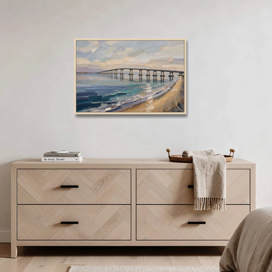 Office Canvas Wall Art of a Long Bay Bridge - Oak Framed Canvas Wall Art - Coffee Table - 36x24