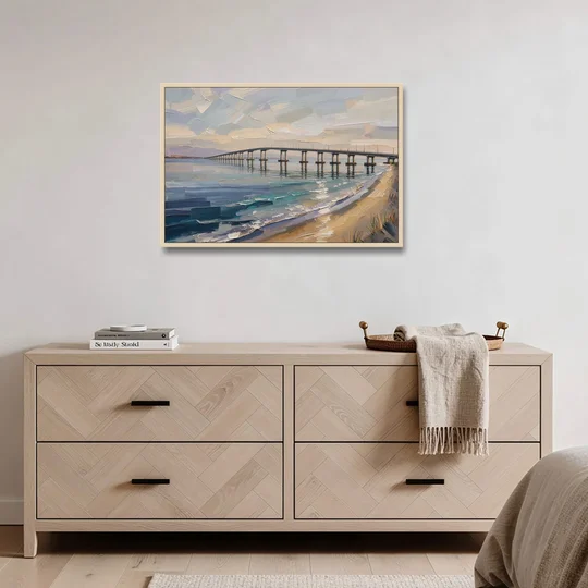 Office Canvas Wall Art of a Long Bay Bridge - Oak Framed Canvas Wall Art - Coffee Table - 36x24