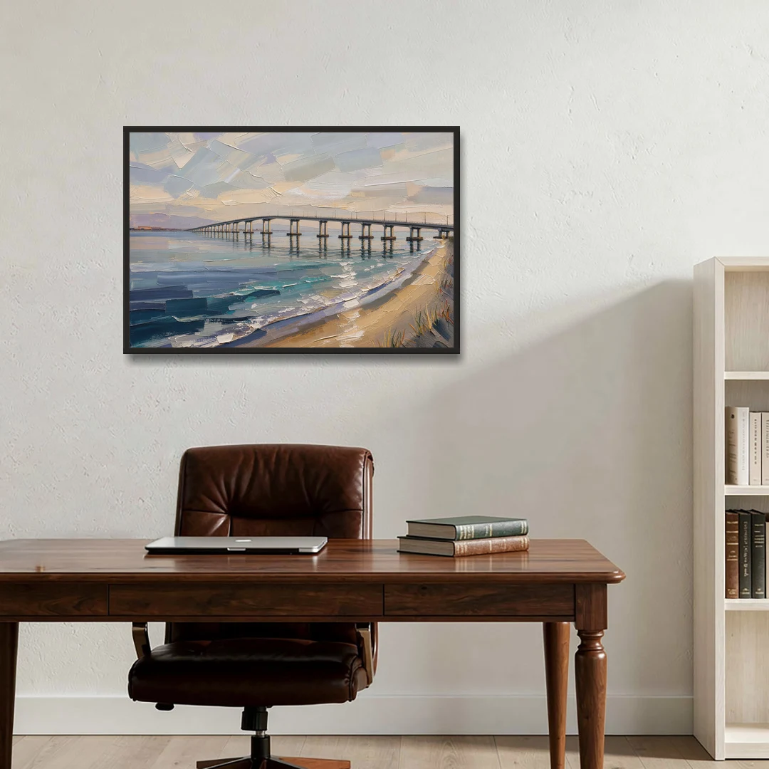 Office Canvas Wall Art of a Long Bay Bridge - Black Framed Canvas Wall Art - Office - 36x24