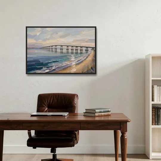Office Canvas Wall Art of a Long Bay Bridge - Black Framed Canvas Wall Art - Office - 36x24