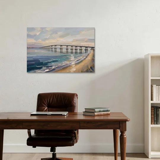 Office Canvas Wall Art of a Long Bay Bridge - Canvas Wall Art - Office - 36x24