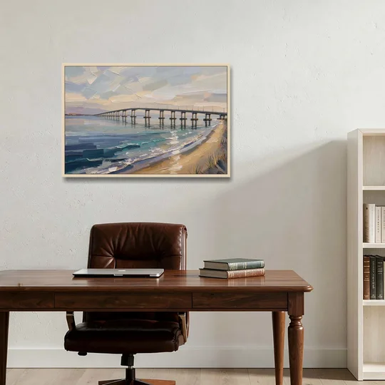 Office Canvas Wall Art of a Long Bay Bridge - Oak Framed Canvas Wall Art - Office - 36x24