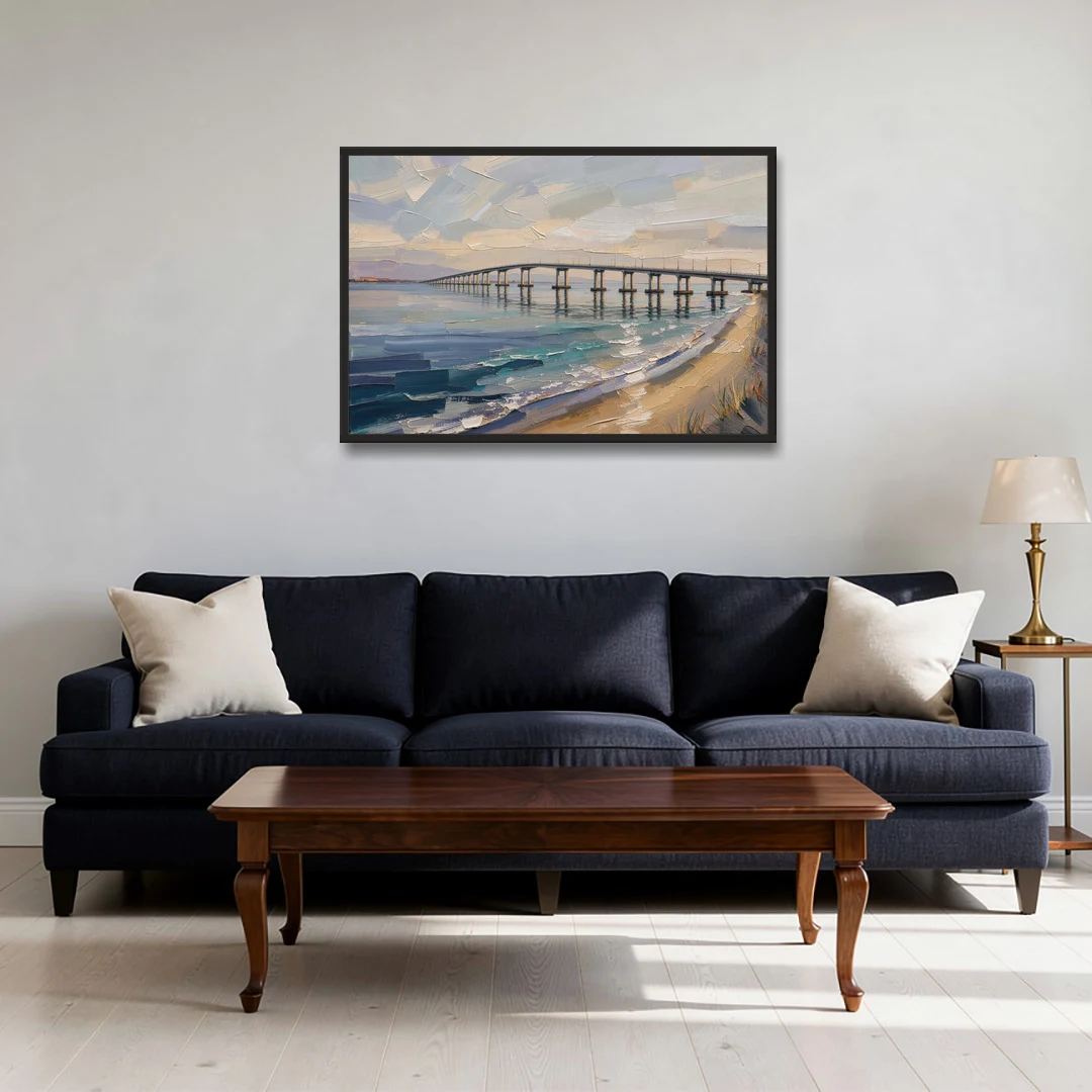 Office Canvas Wall Art of a Long Bay Bridge - Black Framed Canvas Wall Art - Sofa - 36x24