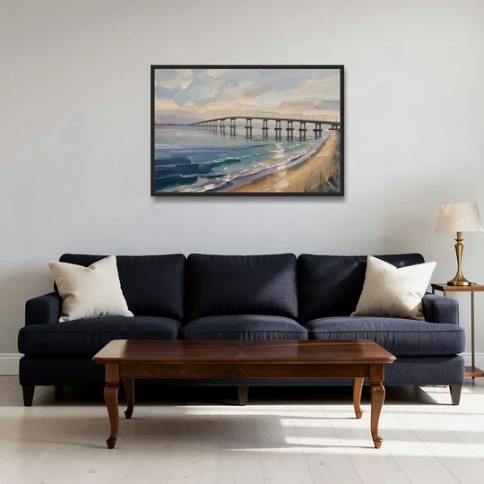 Office Canvas Wall Art of a Long Bay Bridge - Black Framed Canvas Wall Art - Sofa - 36x24