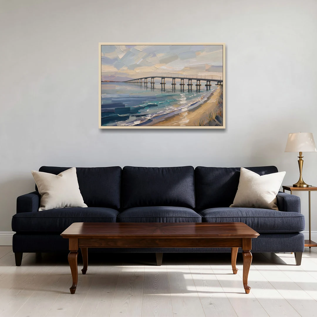 Office Canvas Wall Art of a Long Bay Bridge - Oak Framed Canvas Wall Art - Sofa - 36x24