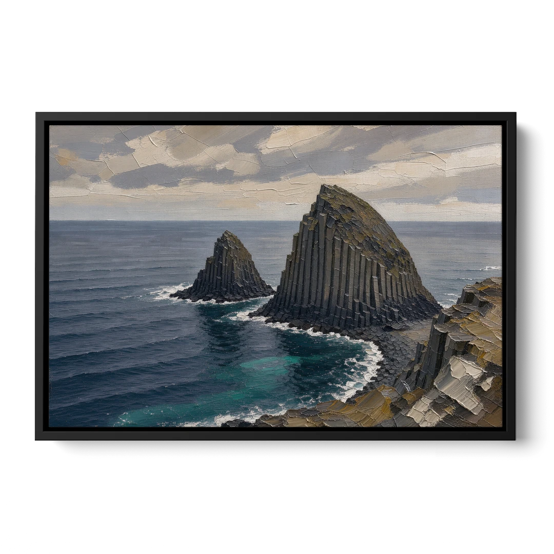 Office Paintings Basalt Sea Stacks Off the Cliff - Black Framed Canvas Wall Art - Front
