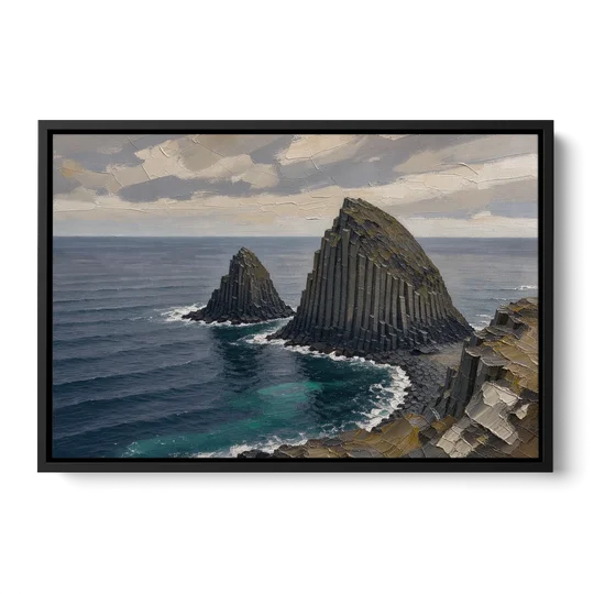 Office Paintings Basalt Sea Stacks Off the Cliff - Black Framed Canvas Wall Art - Front