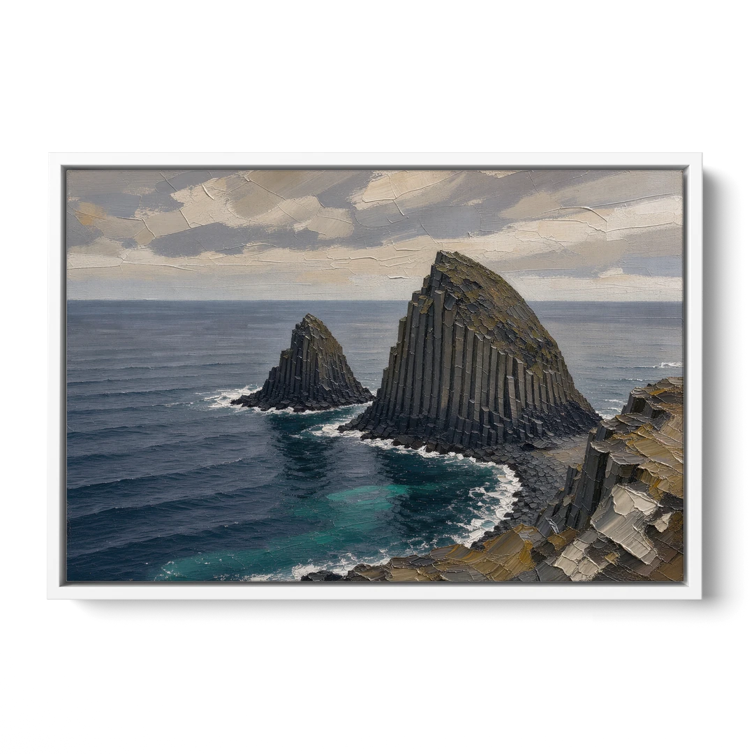 Office Paintings Basalt Sea Stacks Off the Cliff - White Framed Canvas Wall Art - Front