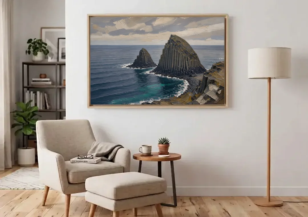 Office Paintings Basalt Sea Stacks Off the Cliff canvas wall art above an armchair in a bright living room
