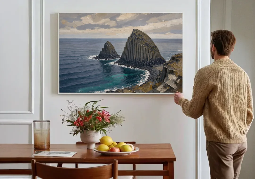Office Paintings Basalt Sea Stacks Off the Cliff canvas wall art above a dining table