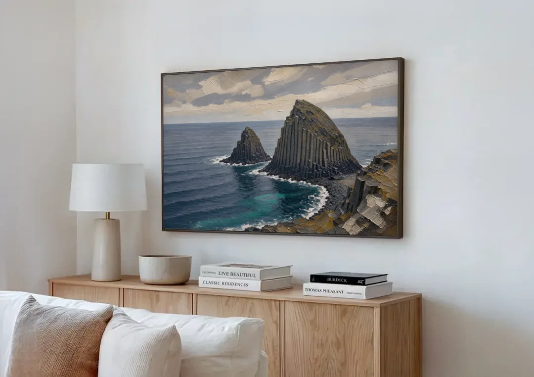 Office Paintings Basalt Sea Stacks Off the Cliff canvas wall art above a wooden sideboard next to a sofa