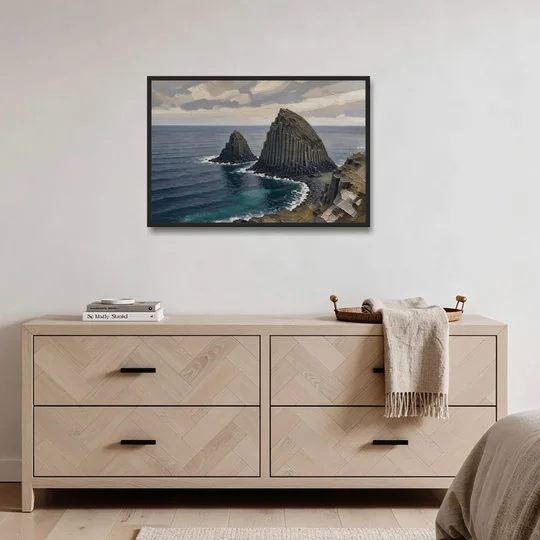 Office Paintings Basalt Sea Stacks Off the Cliff - Black Framed Canvas Wall Art - Coffee Table - 36x24