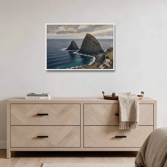 Office Paintings Basalt Sea Stacks Off the Cliff - White Framed Canvas Wall Art - Coffee Table - 36x24