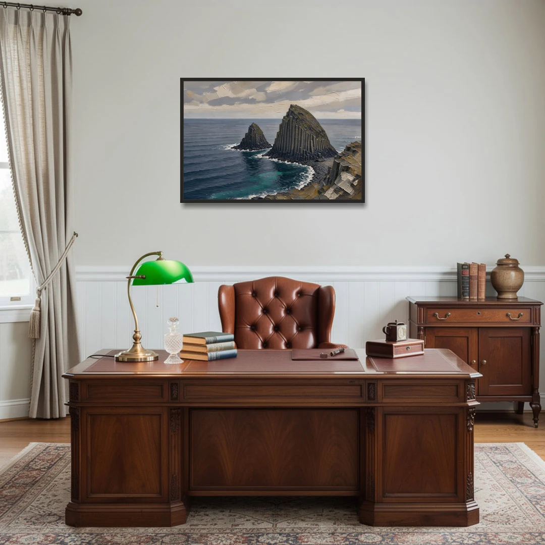 Office Paintings Basalt Sea Stacks Off the Cliff - Black Framed Canvas Wall Art - Office - 36x24
