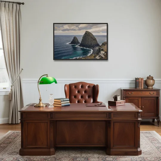 Office Paintings Basalt Sea Stacks Off the Cliff - Black Framed Canvas Wall Art - Office - 36x24