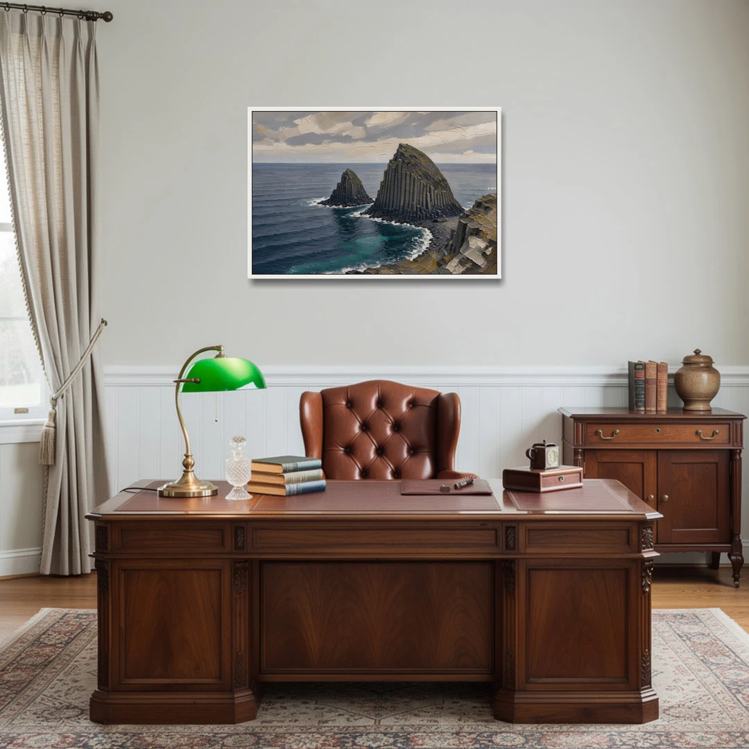 Office Paintings Basalt Sea Stacks Off the Cliff - White Framed Canvas Wall Art - Office - 36x24