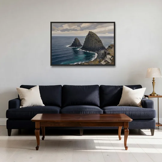 Office Paintings Basalt Sea Stacks Off the Cliff - Black Framed Canvas Wall Art - Sofa - 36x24