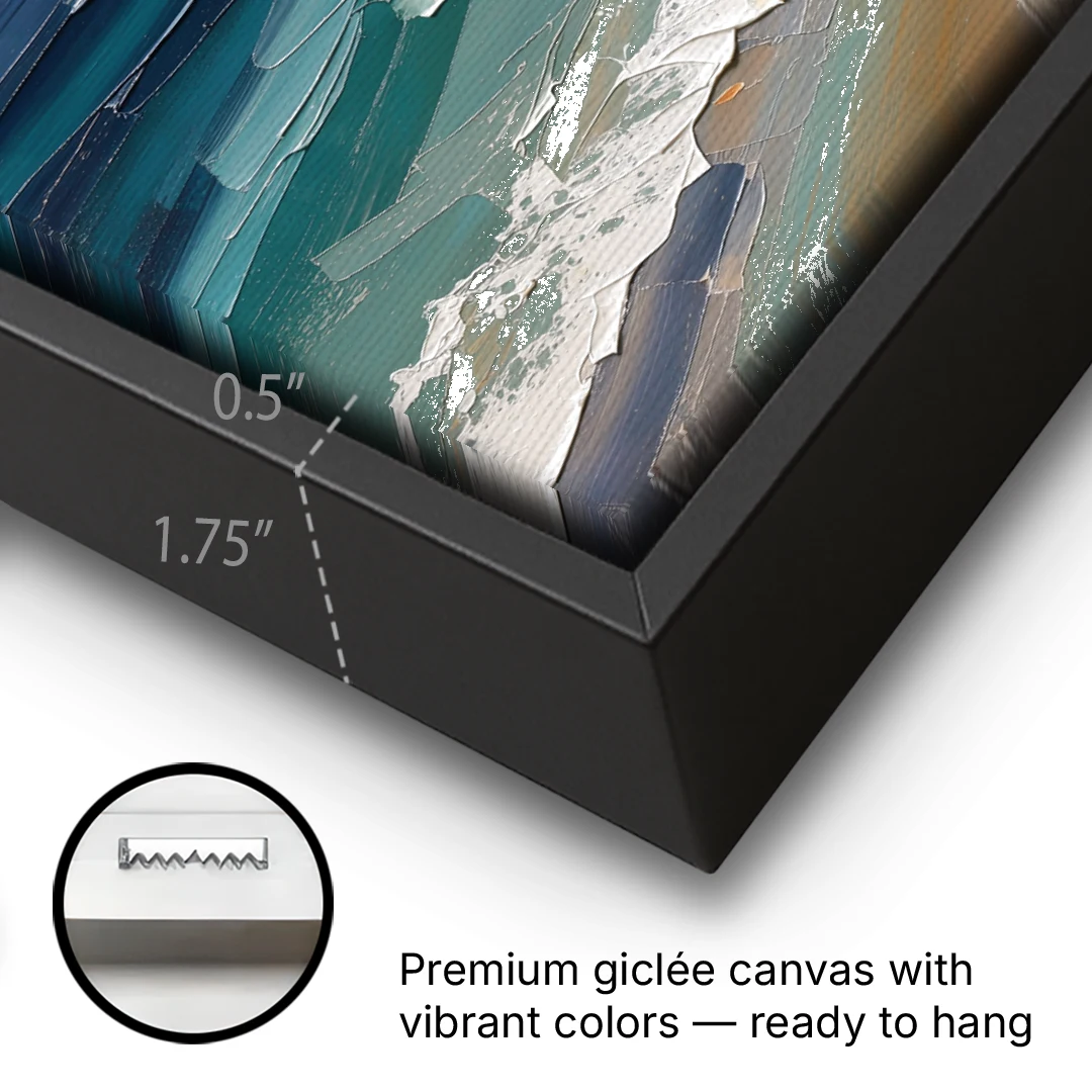 Office Wall Decor with Surf Curving Along Sand - Black Framed Canvas Wall Art - Gallery Wrap Corner
