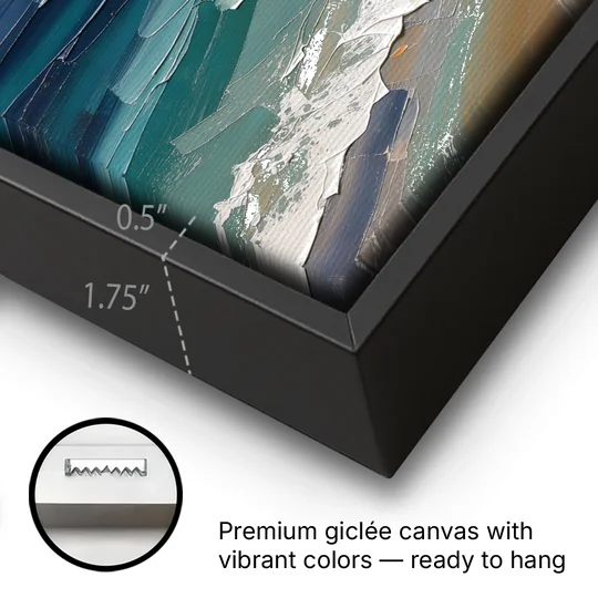 Office Wall Decor with Surf Curving Along Sand - Black Framed Canvas Wall Art - Gallery Wrap Corner
