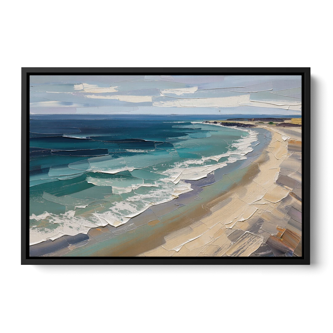 Office Wall Decor with Surf Curving Along Sand - Black Framed Canvas Wall Art - Front
