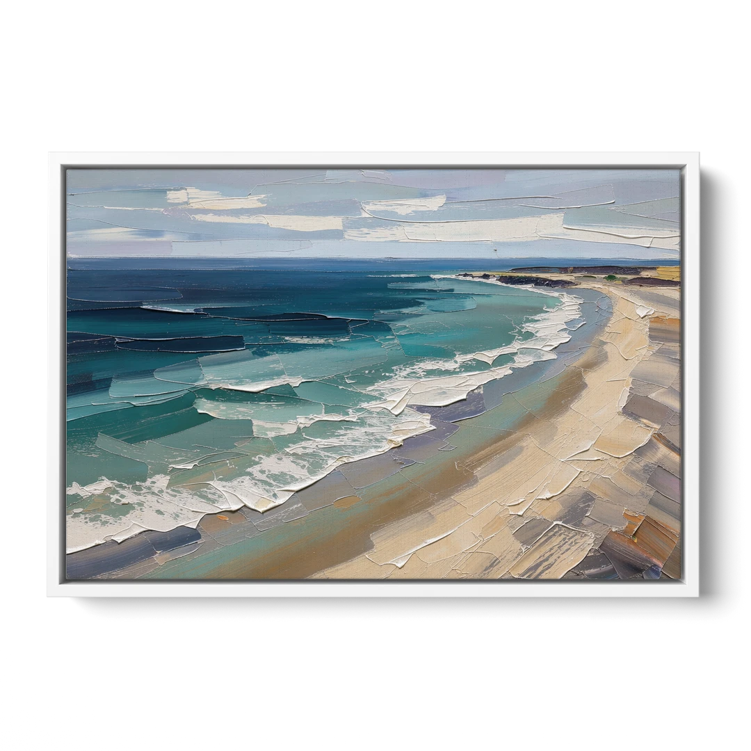 Office Wall Decor with Surf Curving Along Sand - White Framed Canvas Wall Art - Front