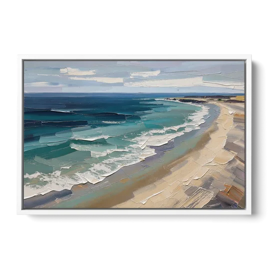 Office Wall Decor with Surf Curving Along Sand - White Framed Canvas Wall Art - Front