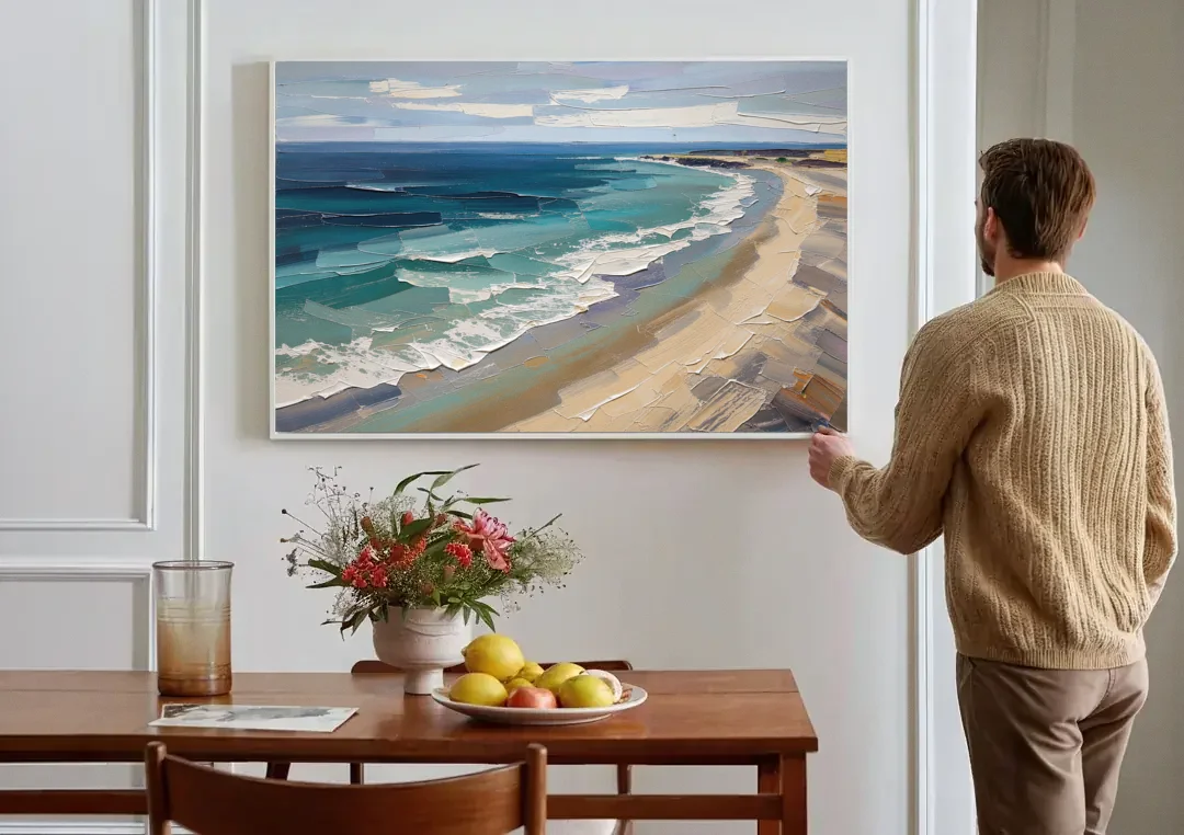 Office Wall Decor with Surf Curving Along Sand canvas wall art above a dining table