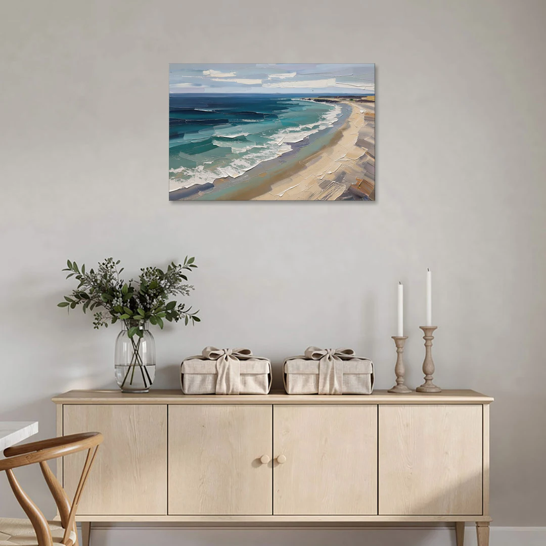 Office Wall Decor with Surf Curving Along Sand - Canvas Wall Art - Coffee Table - 36x24