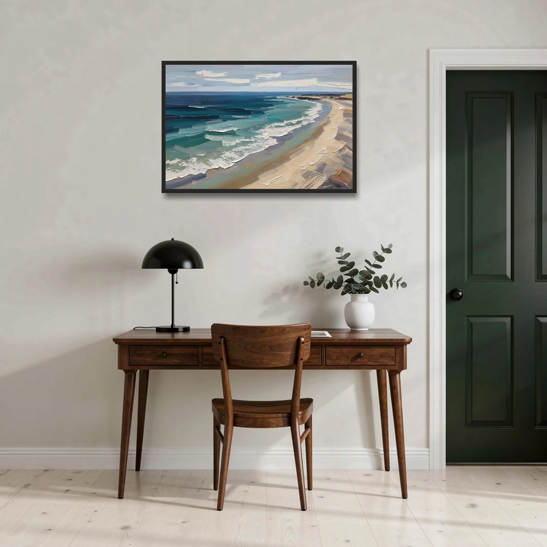 Office Wall Decor with Surf Curving Along Sand - Black Framed Canvas Wall Art - Office - 36x24