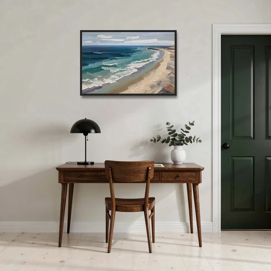 Office Wall Decor with Surf Curving Along Sand - Black Framed Canvas Wall Art - Office - 36x24