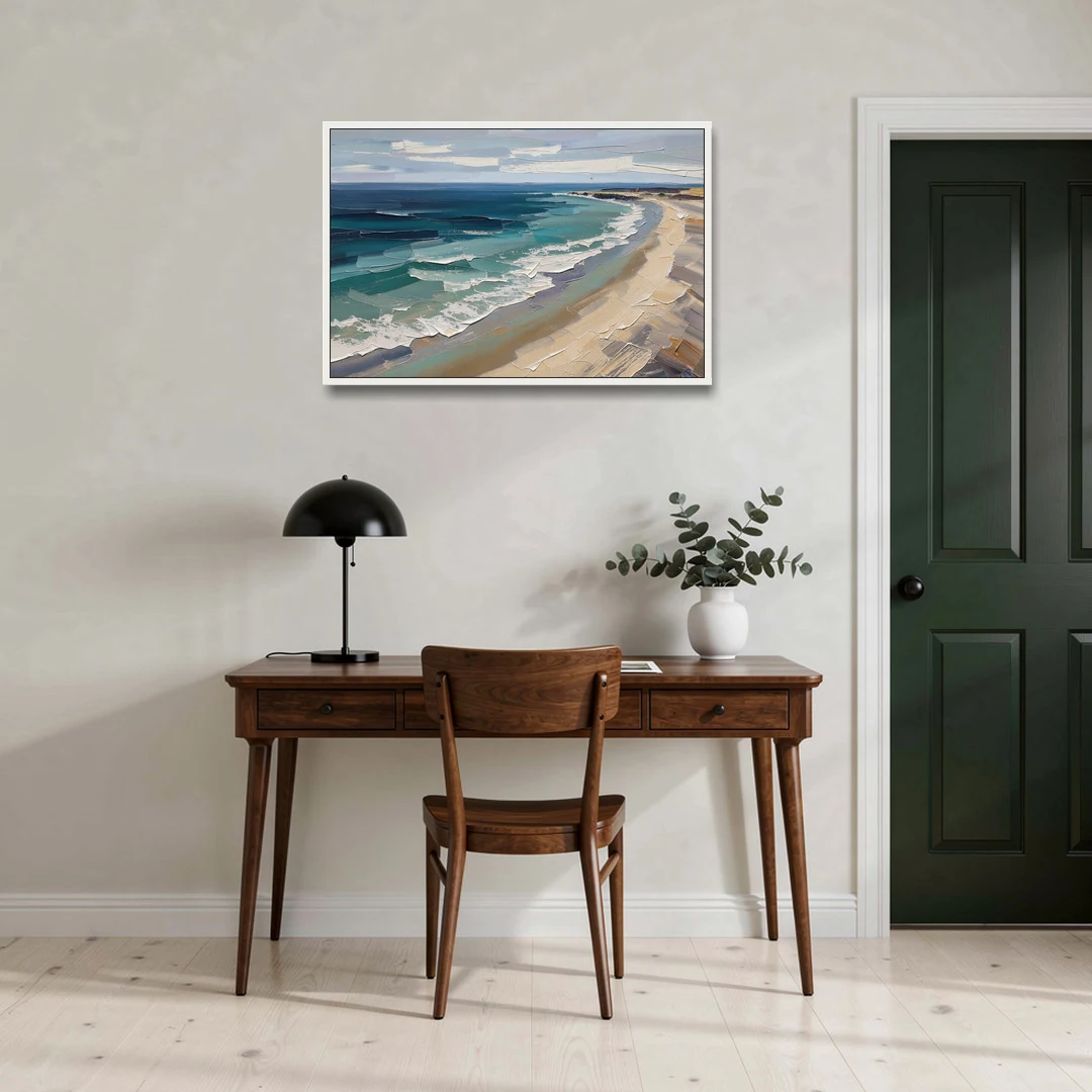 Office Wall Decor with Surf Curving Along Sand - White Framed Canvas Wall Art - Office - 36x24