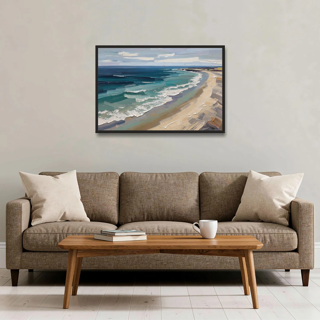 Office Wall Decor with Surf Curving Along Sand - Black Framed Canvas Wall Art - Sofa - 36x24