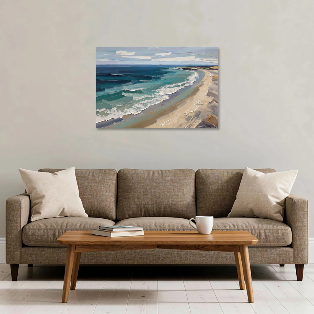 Office Wall Decor with Surf Curving Along Sand - Canvas Wall Art - Sofa - 36x24