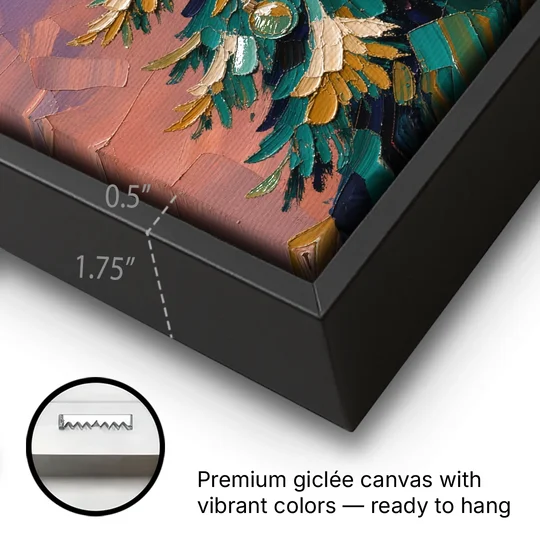 Oil Painting Christmas Tree at Violet Twilight - Black Framed Canvas Wall Art - Gallery Wrap Corner