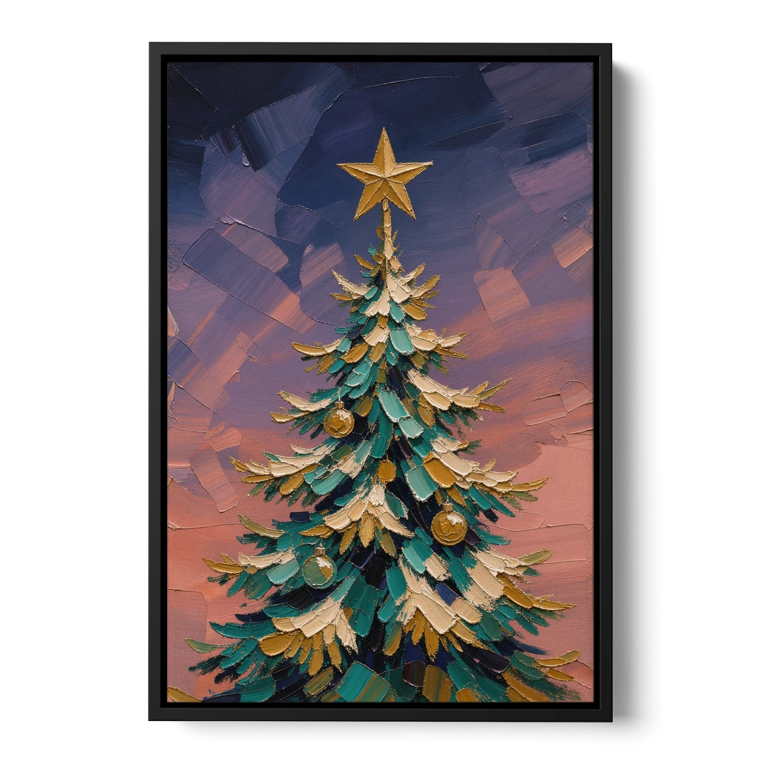 Oil Painting Christmas Tree at Violet Twilight - Black Framed Canvas Wall Art - Front