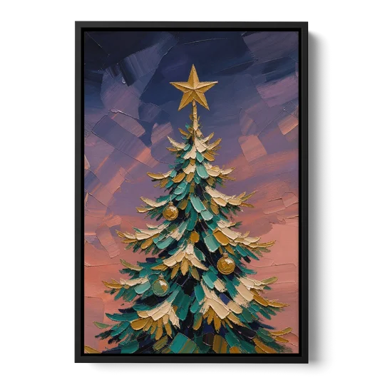 Oil Painting Christmas Tree at Violet Twilight - Black Framed Canvas Wall Art - Front