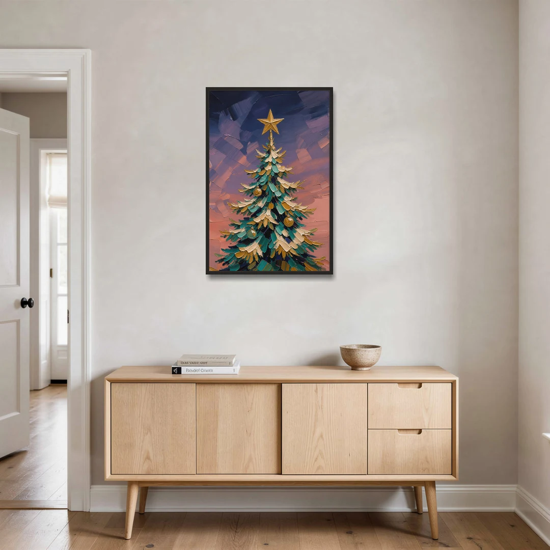 Oil Painting Christmas Tree at Violet Twilight - Black Framed Canvas Wall Art - Coffee Table - 24x36