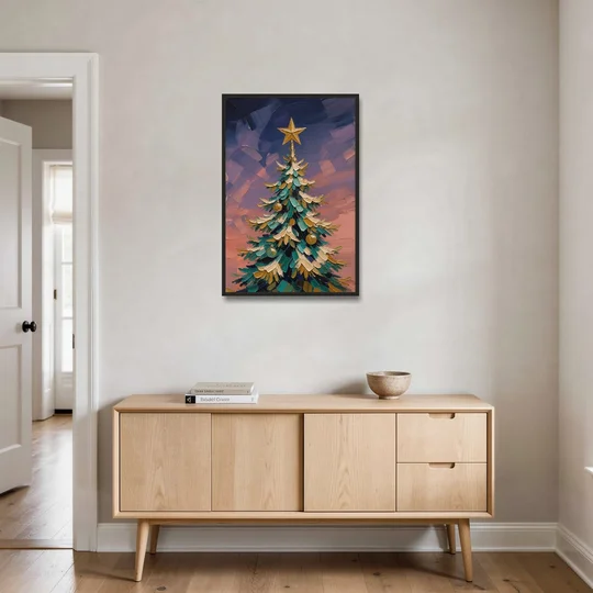 Oil Painting Christmas Tree at Violet Twilight - Black Framed Canvas Wall Art - Coffee Table - 24x36