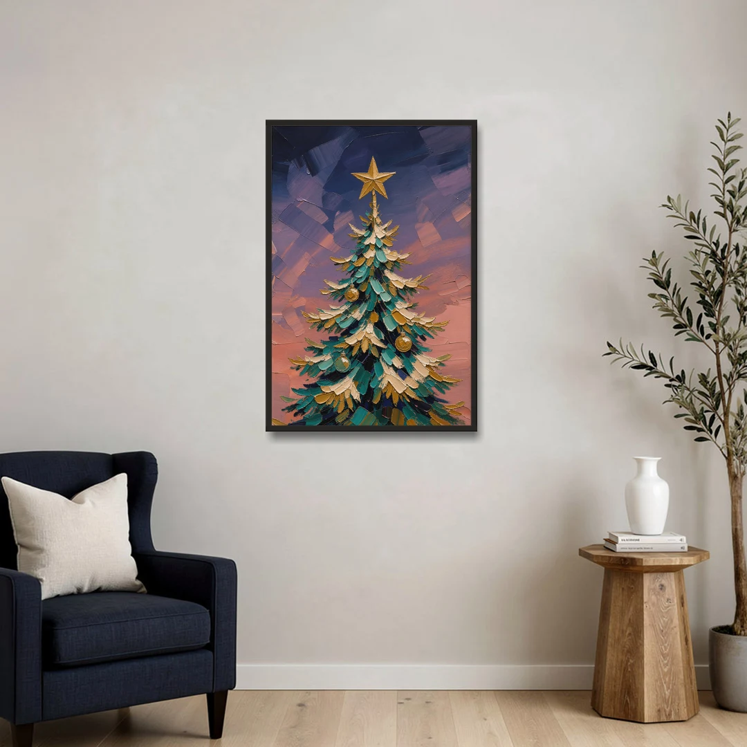 Oil Painting Christmas Tree at Violet Twilight - Black Framed Canvas Wall Art - Sofa - 24x36
