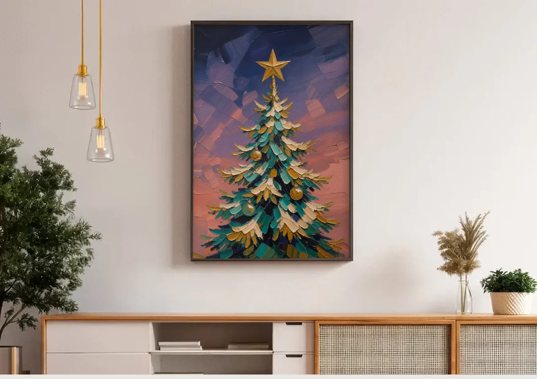 Oil Painting Christmas Tree at Violet Twilight canvas wall art above a wooden sideboard under pendant lights